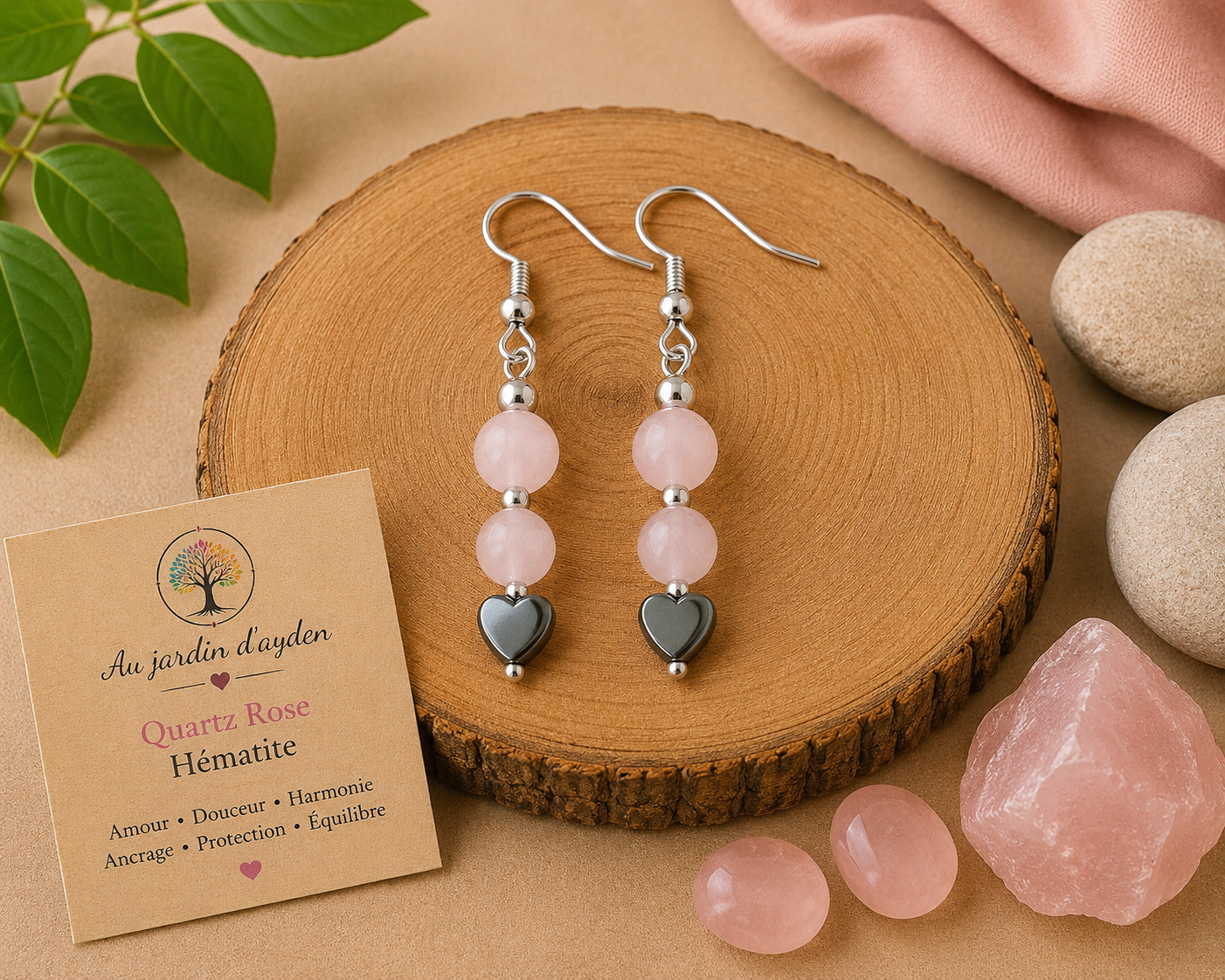 Boucles d oreilles Quartz rose /hématite