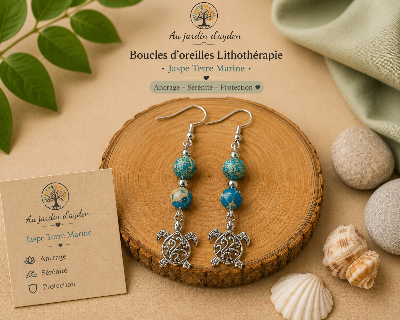 Boucles d oreilles jaspe marine tortue